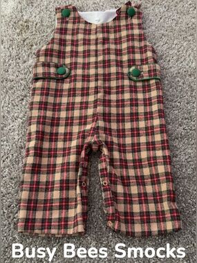 Busy Bees Smocks Plaid Button Romper - Green & Tan